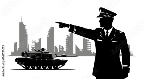 Military Officer Directs Tank in Ruined Cityscape, War Aftermath Concept