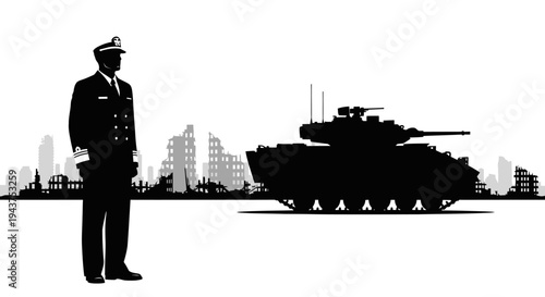 Military Officer Stands Beside Tank in Ruined City Silhouette, War Aftermath Concept