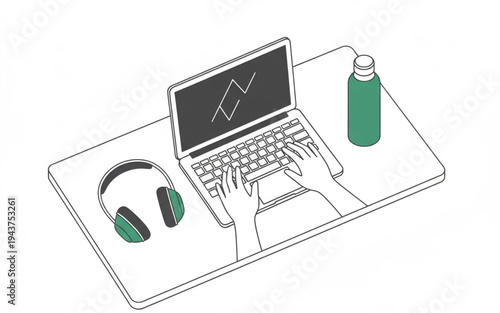 Minimalist illustration of a person typing on a laptop with headphones and a water bottle on a desk, representing productivity, remote work, and focused online activity