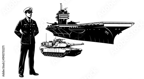 Military Officer, Aircraft Carrier, and Tank: Symbols of Naval and Ground Power