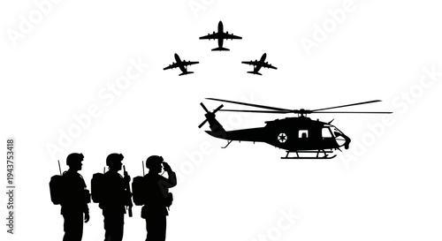 Military Parade: Soldiers, Helicopter, and Airplanes in Formation