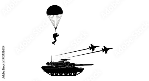 Military Paratrooper Jumps Near Tank and Fighter Jets