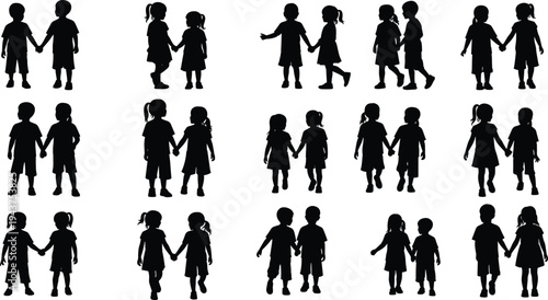 Children silhouettes holding hands in various walking and standing poses, friendship, childhood bonding, and playful moments isolated on white background