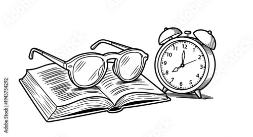 Vintage Reading Glasses and Alarm Clock on Open Book.