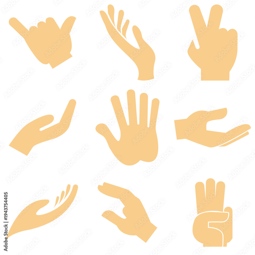 Fototapeta premium Hand Gesture Silhouettes Set Icons. Hand gesture silhouettes showing different positions and signals, isolated on light background, useful for icons, communication symbols, and design elements.