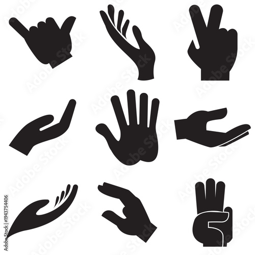  Hand Gesture Silhouettes Set Icons. Hand gesture silhouettes showing different positions and signals, isolated on light background, useful for icons, communication symbols, and design elements.