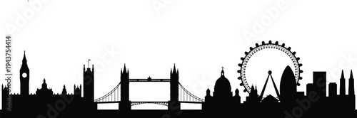 Black silhouette illustration of London skyline featuring iconic landmarks including Big Ben, Tower Bridge, St. Paul’s Cathedral, London Eye, and The Gherkin.