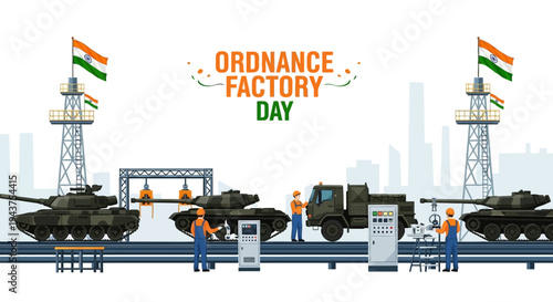 Illustration of workers in an Indian defense manufacturing factory producing military equipment on Ordnance Factory Day with tanks and vehicles.
