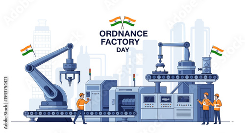 Illustration of workers at an Indian ordnance factory on Ordnance Factory Day with industrial equipment and Indian flags, symbolizing defense manufacturing and production.