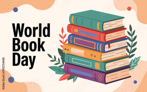 Stack of Books with World Book Day Text and Floral Accents