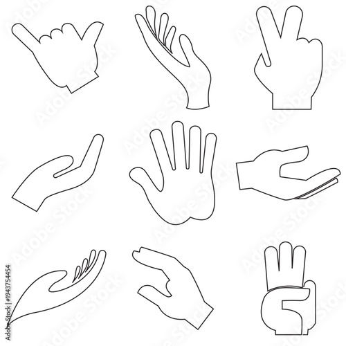  Hand Gesture Silhouettes Set Icons. Hand gesture silhouettes showing different positions and signals, isolated on light background, useful for icons, communication symbols, and design elements.