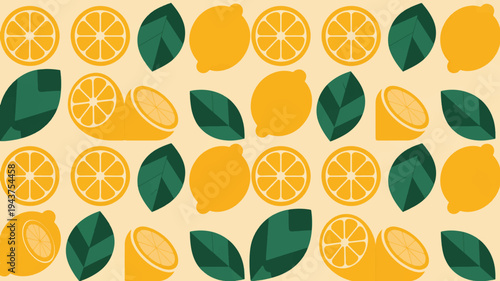 Vibrant orange fruit and green leaves pattern on beige background citrus illustration