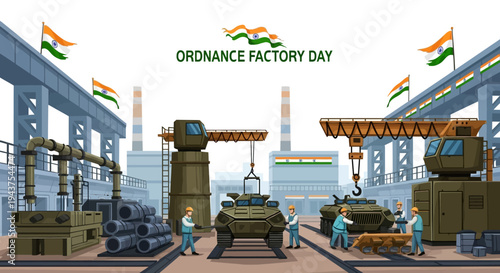 Illustration of workers in a defense manufacturing factory producing military equipment on Ordnance Factory Day in India, showcasing India's defense industry and military weapons production.