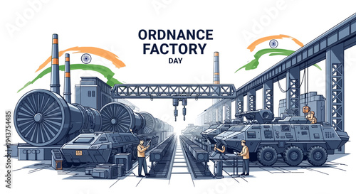 Illustration of workers in high-visibility vests amidst military vehicle and equipment production on a factory floor with Indian flags and 'ORDNANCE FACTORY DAY' text.