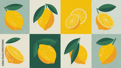 Vibrant lemons and slices in colorful squares with leaves on a modern mosaic background