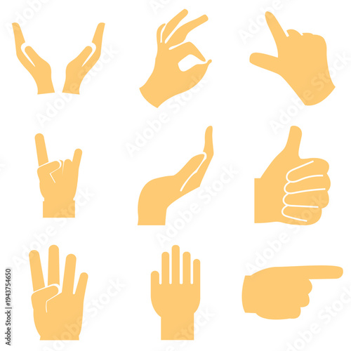  Hand Gesture Silhouettes Set Icons. Hand gesture silhouettes showing different positions and signals, isolated on light background, useful for icons, communication symbols, and design elements.