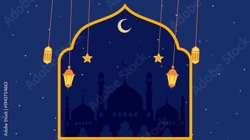 ramadan night scene with lantern mosques. ramadan kareem with illlustration of lantern and mosque and Starry sky