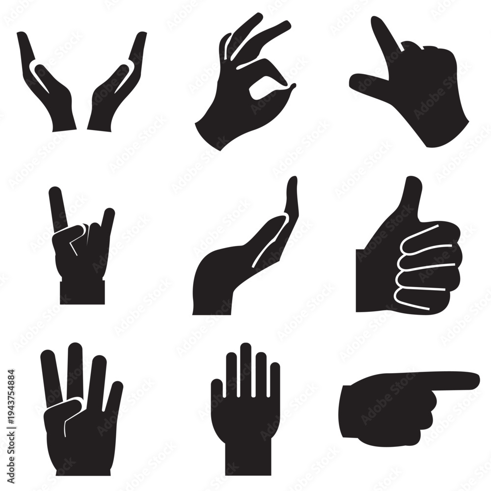 Fototapeta premium Hand Gesture Silhouettes Set Icons. Hand gesture silhouettes showing different positions and signals, isolated on light background, useful for icons, communication symbols, and design elements.