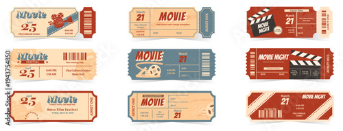 A set of vintage movie tickets for film festivals and classic movie nights. Retro theater passes. A collection of entertainment with graphic design icons for moviegoers.