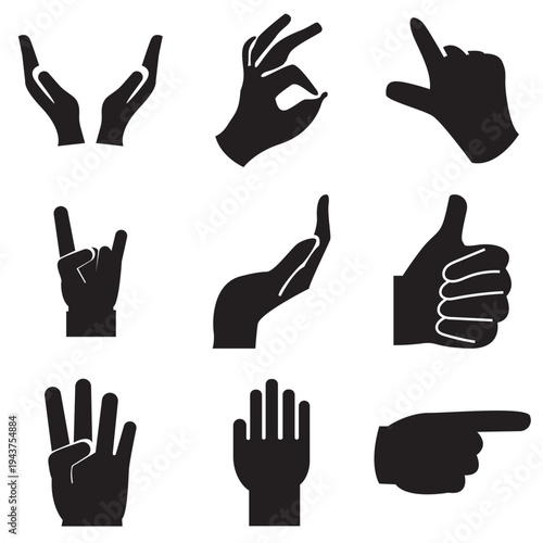  Hand Gesture Silhouettes Set Icons. Hand gesture silhouettes showing different positions and signals, isolated on light background, useful for icons, communication symbols, and design elements.