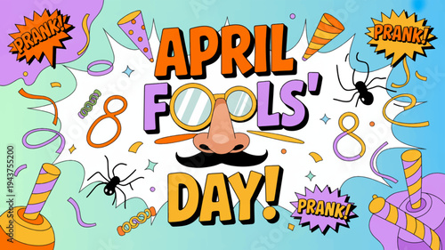 April fools' day celebration with colorful prank elements and funny text