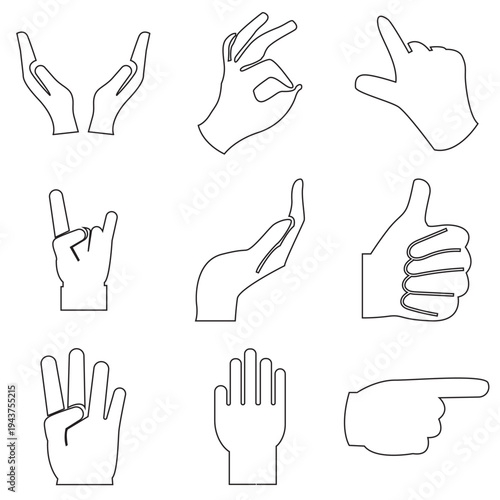  Hand Gesture Silhouettes Set Icons. Hand gesture silhouettes showing different positions and signals, isolated on light background, useful for icons, communication symbols, and design elements.