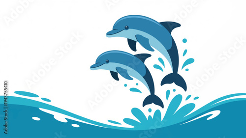 Two dolphins jumping out of ocean waves in a playful aquatic scene with splashes