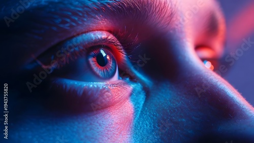 Close up of eyes under cinematic neon lighting. Creative inspiration and visual storytelling. Person staring at a colorful screen with glowing light trails on the skin.