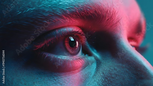 Macro iris photography with dramatic red and blue lighting. Artificial intelligence and machine learning perception. Side view of an eye focusing on bright digital light sources.