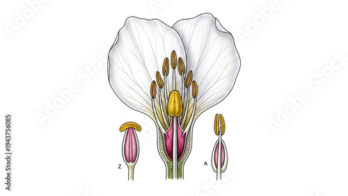 Diagram of a flower showing its reproductive structures and various parts