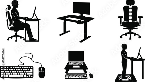 Ergonomic Office Furniture and Correct Workstation Posture Icon Set, Standing Desk, Orthopedic Chair, and Computer Equipment Vector Silhouette for Health, Productivity, and Workspace Design