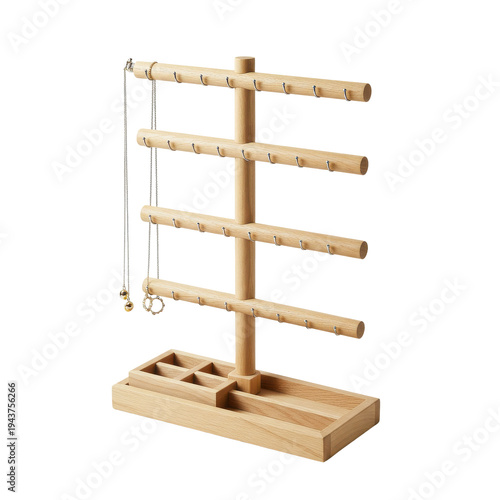 Elegant Wooden Jewelry Organizer with Hanging Hooks and Storage Compartments isolated on white background