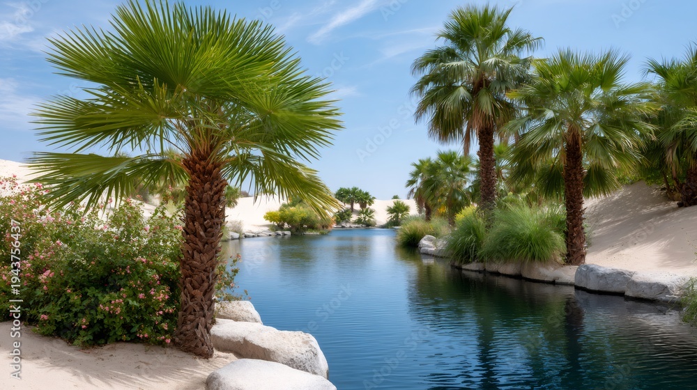 Fototapeta premium Desert oasis with palm trees and blue water pond