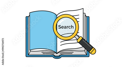 A cartoon illustration of an open book with a magnifying glass on top, Generative AI.