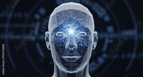Futuristic Digital Human Face with Data Streams.