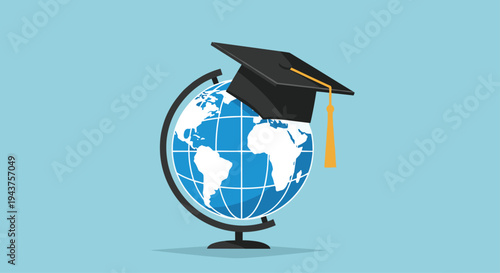 Illustration of a globe wearing a graduation cap symbolizing global education and learning, Generative AI.