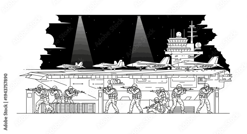 Obraz premium Military Aircraft Carrier Deck with Soldiers and Jets at Night