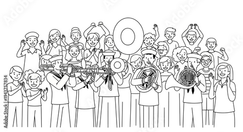 Marching Band Performance with Cheering Crowd