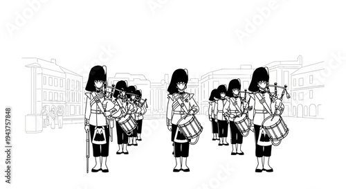 Marching Band Performers in Uniforms with Drums and Brass Instruments, Black and White Illustration