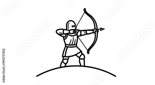 Medieval Archer Aiming Bow and Arrow on Hilltop