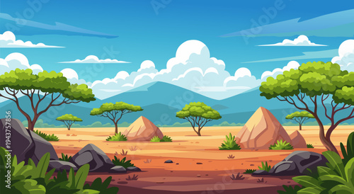 African savannah landscape illustration vector, vibrant savanna scenery with acacia trees and mountains under a blue sky