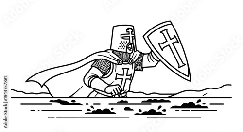 Medieval Knight Crusader Warrior in Armor with Shield and Cape Walking Through Water
