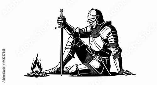 Medieval Knight Resting by Campfire, Warrior in Armor with Sword, Solitude and Reflection
