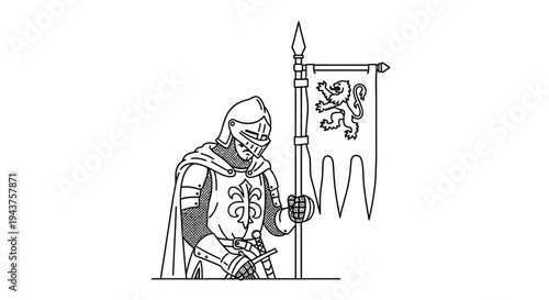 Medieval Knight Warrior with Lion Banner, Armor, Sword, and Helmet, Historical Battle Scene