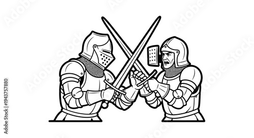 Medieval Knights Fighting with Swords, Historical Combat Illustration