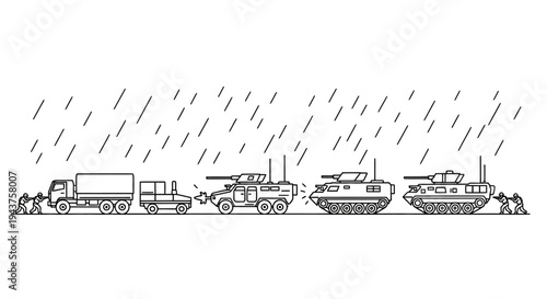 Military convoy in rain, trucks, tanks, armored vehicles, soldiers pushing