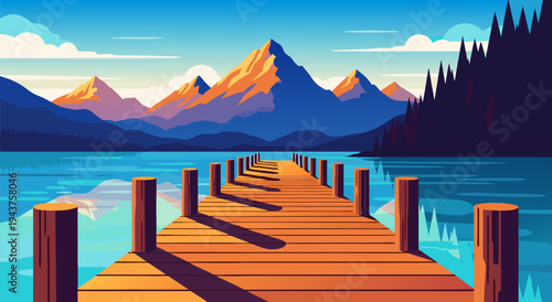 Serene Mountain Lake Pier Vector Illustration with Golden Hour Light and Tranquil Water