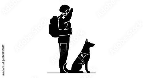 Military Medic Salutes With Service Dog, Medical Aid Symbol On Vest