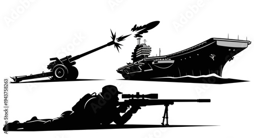 Military Power: Aircraft Carrier, Artillery, Sniper, and Missile Attack - War Concept