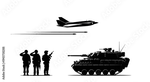 Military Power: Soldiers, Tank, and Jet Silhouette on White Background
